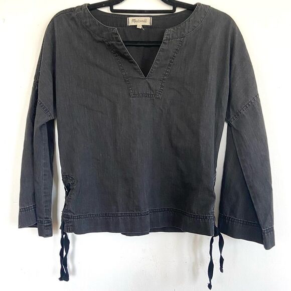 Madewell Chambray Bell Sleeve Side Tie V Neck Washed Black XS - Picture 1 of 5